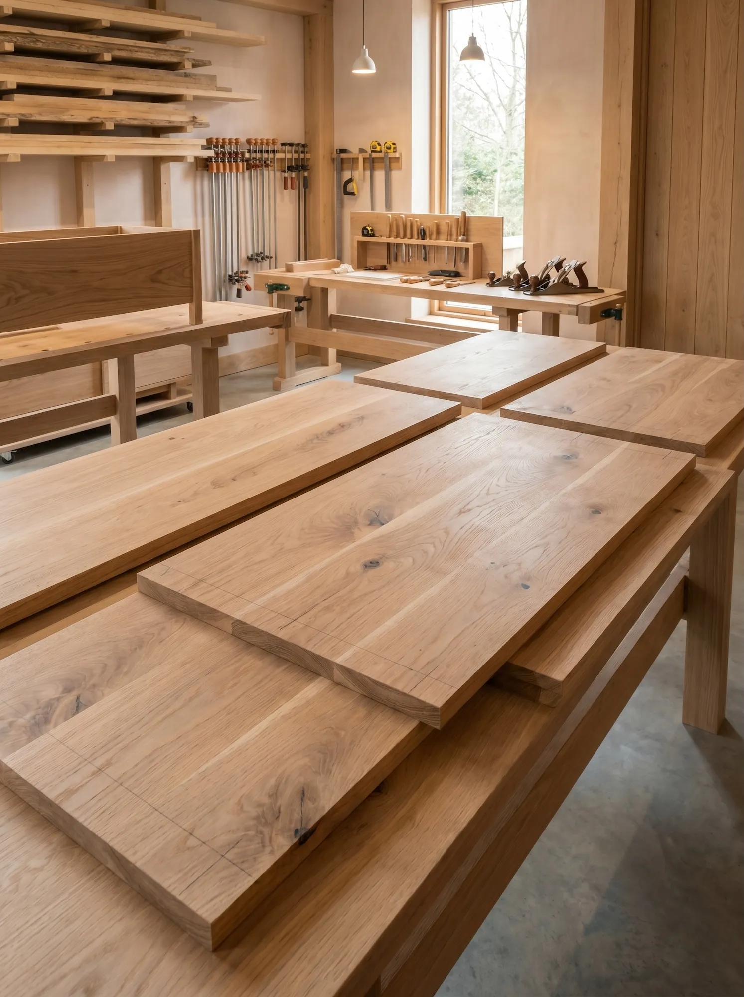 Selected oak boards being prepared on a clean workshop bench with soft natural light